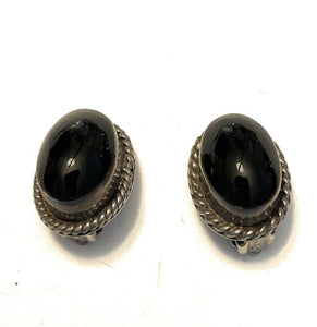 Vintage Navajo Sterling Silver Black Onyx Oval  Clip On Earrings Signed