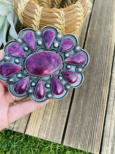 Stunning Navajo Sterling Silver & Purple Spiny Cluster Cuff Bracelet Signed