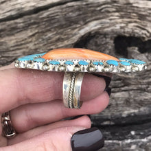 Load image into Gallery viewer, Navajo Sterling Silver, Turquoise &amp; Orange Spiny Oyster Ring Sz 8