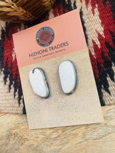 Navajo White Buffalo And Sterling Silver Post Earrings Signed