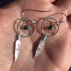 Navajo Sterling Silver  Turquoise Dream Catcher, Dangle Earrings
