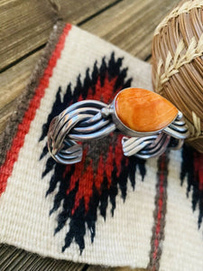 Navajo Orange Spiny & Sterling Silver Braided Cuff Bracelet Signed