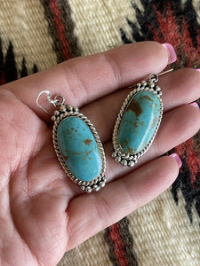 Navajo Royston Turquoise & Ornate Sterling Silver Dangle Earrings