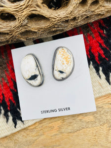 Navajo White Buffalo And Sterling Silver Post Earrings Signed