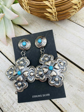 Load image into Gallery viewer, Navajo Turquoise &amp; Sterling Silver Concho Cross Dangle Earrings By Tim Yazzie