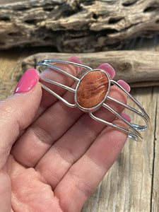 Navajo Orange Spiny Sterling Silver Bracelet Loop Cuff Stamped Begay