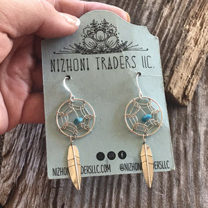 Navajo  Sterling Silver & Turquoise Dream Catcher, Dangle  Earrings