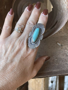 Navajo Handmade Turquoise & Sterling Silver Navajo Deco Ring Size 7.5