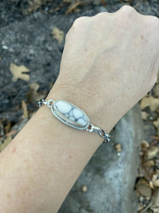 *AUTHENTIC* Navajo White Buffalo T. Skeets Stone & Sterling Silver Link Bracelet Signed (Copy)