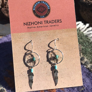 Navajo Sterling Silver  Turquoise Dream Catcher, Dangle Earrings