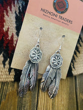 Load image into Gallery viewer, Navajo Sterling Silver Stamped Feather Concho Dangle Earrings