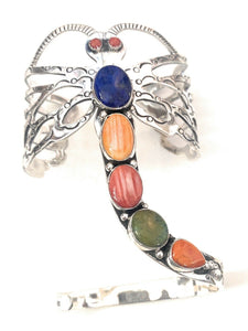 Navajo Sterling Silver & Multi Stone Dragonfly Cuff Bracelet By Russell Sam