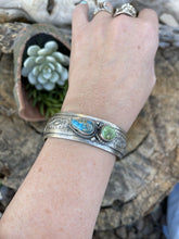 Load image into Gallery viewer, Navajo Sterling Sonoran Gold &amp; Golden Hills Turquoise 2 Stone Cuff Bracelet