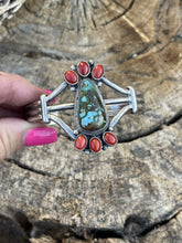Load image into Gallery viewer, Navajo Sterling Kingman Web Turquoise &amp; Red Coral Taos Bracelet Cuff Johnson