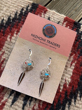 Load image into Gallery viewer, Navajo Sterling Silver Turquoise  Coral Dream Catcher, Feather Dangle Earrings.
