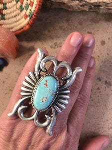 Russell Sam Navajo Pilot Mountain Turquoise & Sterling Hand Stamped Ring Sz 10