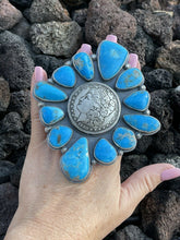 Load image into Gallery viewer, Gorgeous Navajo Sterling Silver Coin &amp; Kingman Turquoise Adjustable Ring