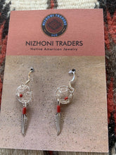 Load image into Gallery viewer, Navajo Sterling Silver Coral Dream Catcher, Feather Dangle Earrings.