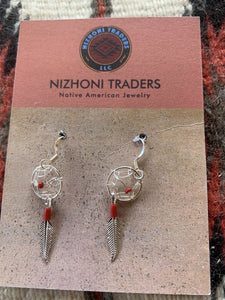 Navajo Sterling Silver Coral Dream Catcher, Feather Dangle Earrings.