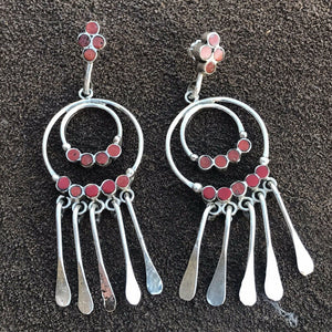 Vintage Navajo Sterling Silver Natural Red Coral Dangle Earrings