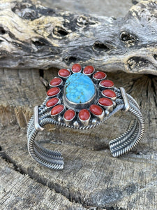 Navajo Sterling Kingman Web Turquoise & Red Coral Taos Bracelet Cuff B. Johnson