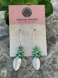 Navajo Sterling Silver & Green Turquoise Bead Leaf Dangle Earrings