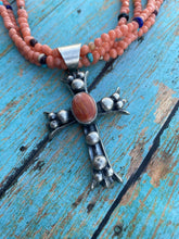 Load image into Gallery viewer, Navajo Sterling Silver &amp; Orange Spiny Shell  Cross Pendant Chimney Butte