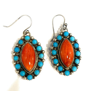 Navajo Sterling Silver Spiny & Turquoise Cat Eye Cluster Dangle Earrings