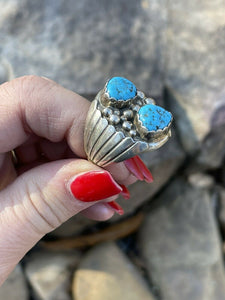Navajo Sterling Silver & Kingman Turquoise 2 Stone Ring Size 13.5