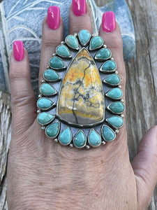 Navajo Sterling Bumblebee Jasper  and Turquoise Stone Ring Sz 9.5