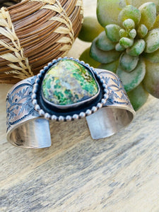 Navajo Sterling Silver & Sonoran Gold Turquoise Cuff Bracelet By Chimney Butte