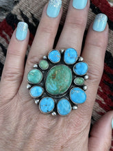 Load image into Gallery viewer, Navajo Sterling Sonoran Gold And Golden Hills Turquoise Cluster Ring Size 9