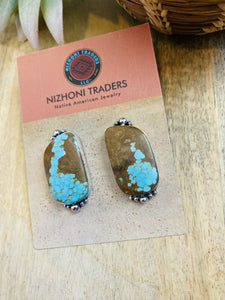 Navajo Number 8 Turquoise & Sterling Silver Post Earrings Signed