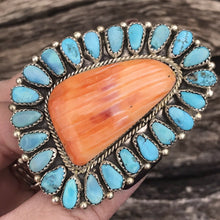 Load image into Gallery viewer, Navajo Sterling Silver, Turquoise &amp; Orange Spiny Oyster Ring Sz 8
