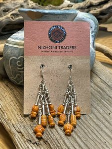 Navajo 5 Strand Orange Spiny Shell & Sterling Silver Dangle Earrings