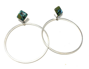 Navajo Tibetan Turquoise & Sterling Silver Dangle Hoop Earrings