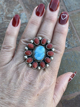 Load image into Gallery viewer, Navajo Sterling Silver Kingman Web Turquoise &amp; Red Coral Taos Ring Sz 5.5