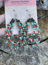 Load image into Gallery viewer, Navajo Heishi Bead Turquoise &amp; Coral 3 Loop Dangle Earrings
