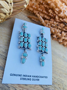 Navajo Turquoise & Sterling Silver Cluster Dangle Earrings Signed