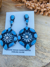 Load image into Gallery viewer, Navajo Morenci Turquoise &amp; Sterling Silver Cluster Dangle Earrings Signed