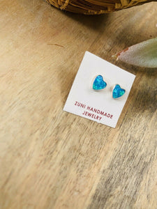 Zuni Blue Opal & Sterling Silver Heart Stud Earrings