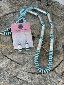 Navajo Sterling Silver Turquoise Handmade Beaded Necklace & Earrings Set