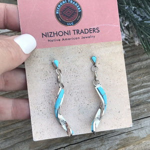 Zuni Turquoise Sterling Silver Twist Dangle Earrings Signed