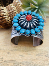 Load image into Gallery viewer, Navajo Red Spiny, Turquoise &amp; Sterling Silver Cuff Bracelet Signed