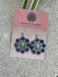 Navajo Sterling Silver Lapis & Turquoise Stone Cluster Dangle Earrings B. Lee