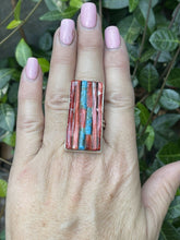Load image into Gallery viewer, Navajo Sterling Silver Turquoise &amp; Spiny Bamboo Style Ring Sz 7.5 Signed