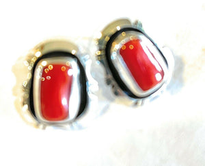Navajo Sterling Silver And Coral Stud Earrings Signed