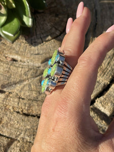 Navajo Sterling Sonoran Gold And Golden Hills Turquoise Cluster Ring Size 7