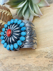Navajo Red Spiny, Turquoise & Sterling Silver Cuff Bracelet Signed