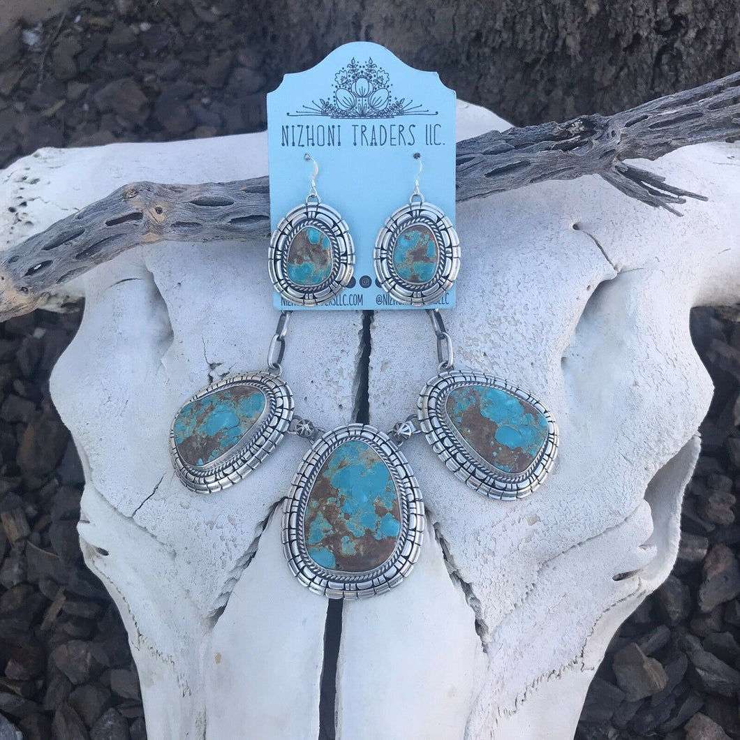 Navajo Pilot Mountain Turquoise Sterling Silver Necklace Set Signed And Stamped